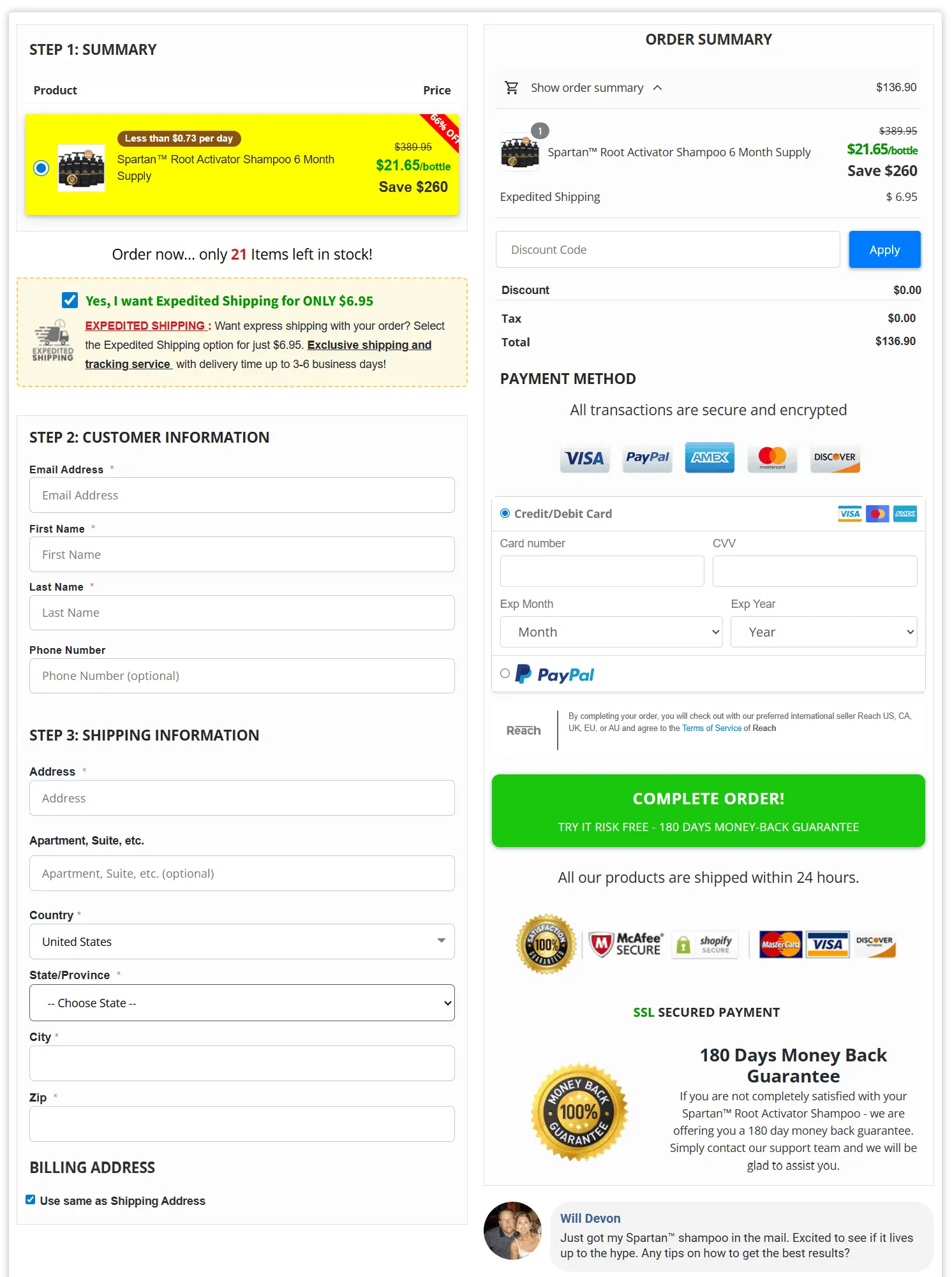 Spartan Shampoo secure checkout page